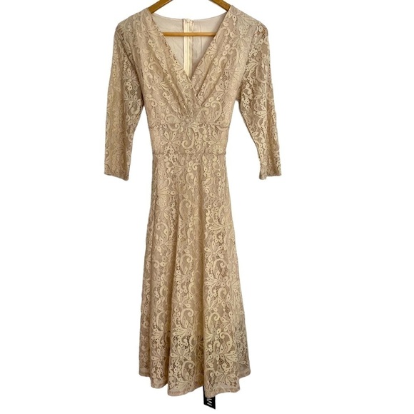 NEW ECRU Size 10 or 12. Lace Midi long sleeve v-neck special occasion Dress NWT​ - Picture 1 of 12